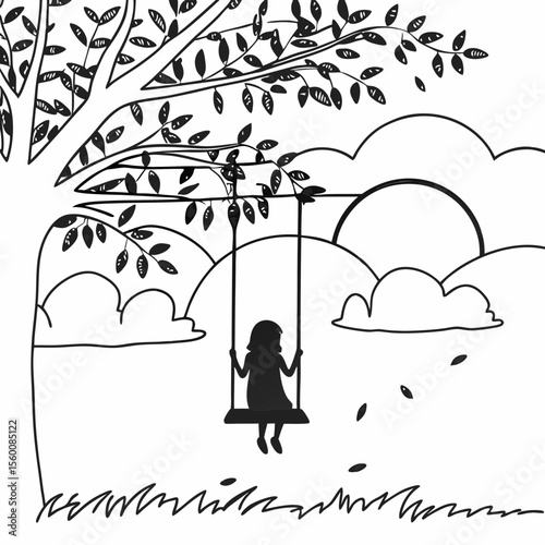 Child on tree swing silhouette black and white line art drawing nature outdoor scene coloring book style illustration vector