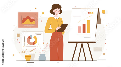 Businesswoman standing next to flip chart with growth graphs and holding clipboard, colorful vector illustration
