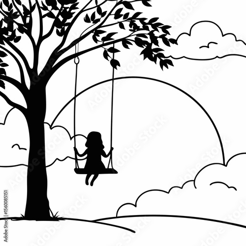 Silhouette of child girl on tree swing at sunset with clouds simple black and white illustration vector art design concept