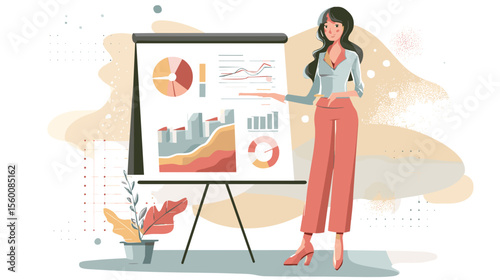 Woman presenting business charts on flip board with graphs and diagrams, colorful vector illustration
