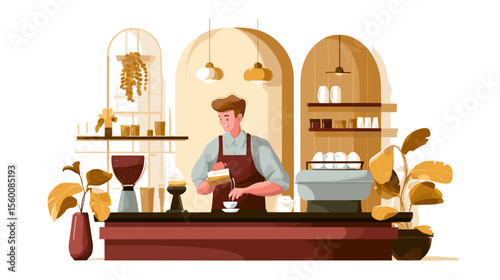 Barista preparing coffee at stylish café counter with plants, colorful vector illustration
