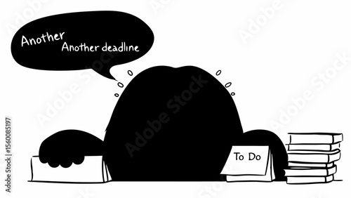 Cartoon of a person overwhelmed by deadlines with a to do list and stacks of papers on their desk silhouette