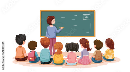 Female teacher writing on chalkboard while children sit and watch, colorful vector illustration
