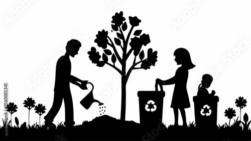 Silhouette of family planting tree and recycling with flowers and grass in a black and white illustration