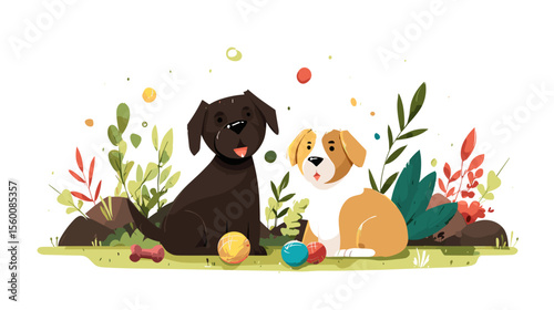 Two playful dogs with toys sitting on grass in a park, colorful vector illustration

