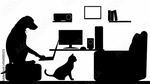 Silhouette of a dog working on a laptop with a cat nearby in a room with furniture and electronics