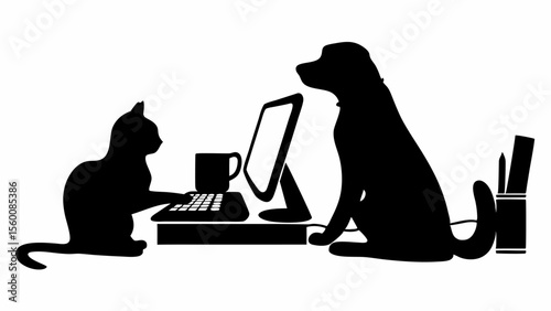 Silhouette of a cat typing on a computer next to a dog with a desk and office supplies nearby