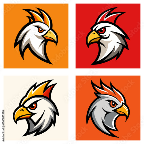 Four eagle head illustrations in different color schemes with a fierce and determined expression shown