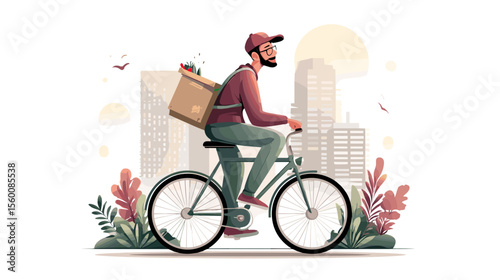 Delivery man riding bicycle with backpack in urban environment, colorful vector illustration
