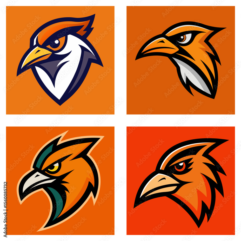Obraz premium Four square images displaying various orange bird head logos with different design variations shown