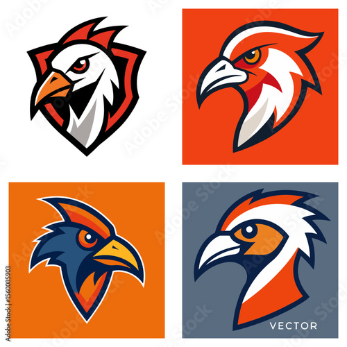 Four eagle head logos with different color schemes and backgrounds in a square arrangement
