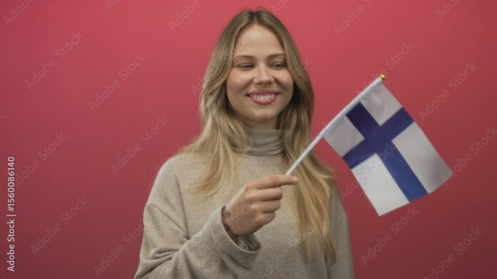 Blonde woman holds small finnish flag stick in bright studio against coral red backdrop; patriotism pride support.