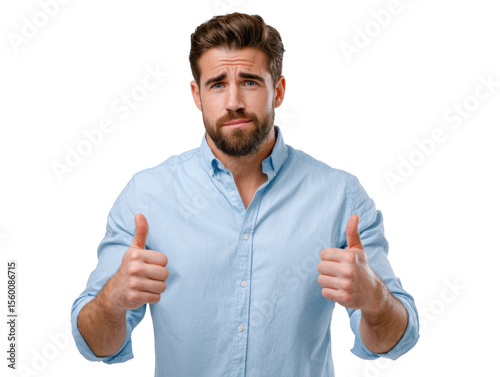 Thumbs Up Approval: A man with a beard and a slightly dubious expression, in a blue shirt, gives a thumbs-up gesture, as if seeking approval or showing a hesitant sign of agreement.