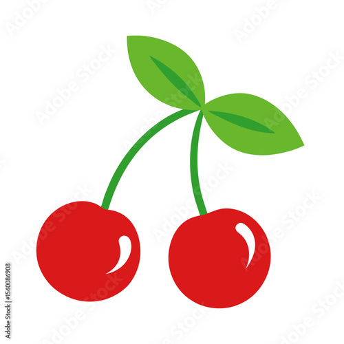 Vibrant red cherries with green leaves and stems isolated on a black background
