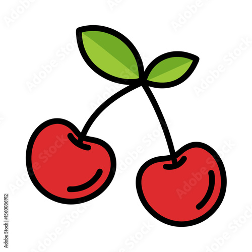 Stylized red cherries with green leaves on a black background simple flat design
