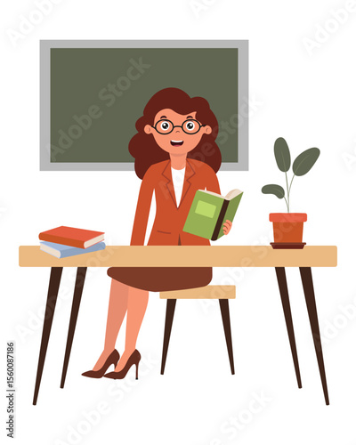 Teacher engaged in reading at a classroom desk with books and a plant in a lively learning environment. Flat style vector illustration. Cartoon character