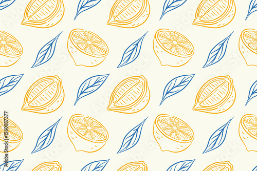 Seamless pattern with line art style lemon on beige background. Perfect for citrus packaging, textile, kitchen wallpaper and fresh fruit design.