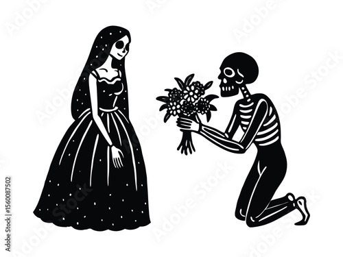  Skeleton Offering Flowers to Woman Hand-Drawn Symbolic Illustration of Love, Death, and Devotion