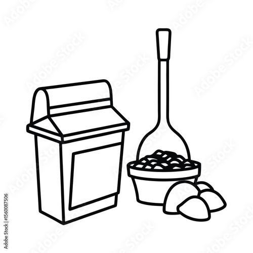 Compost bin beside seed tray and labeled scoop Vector illustration