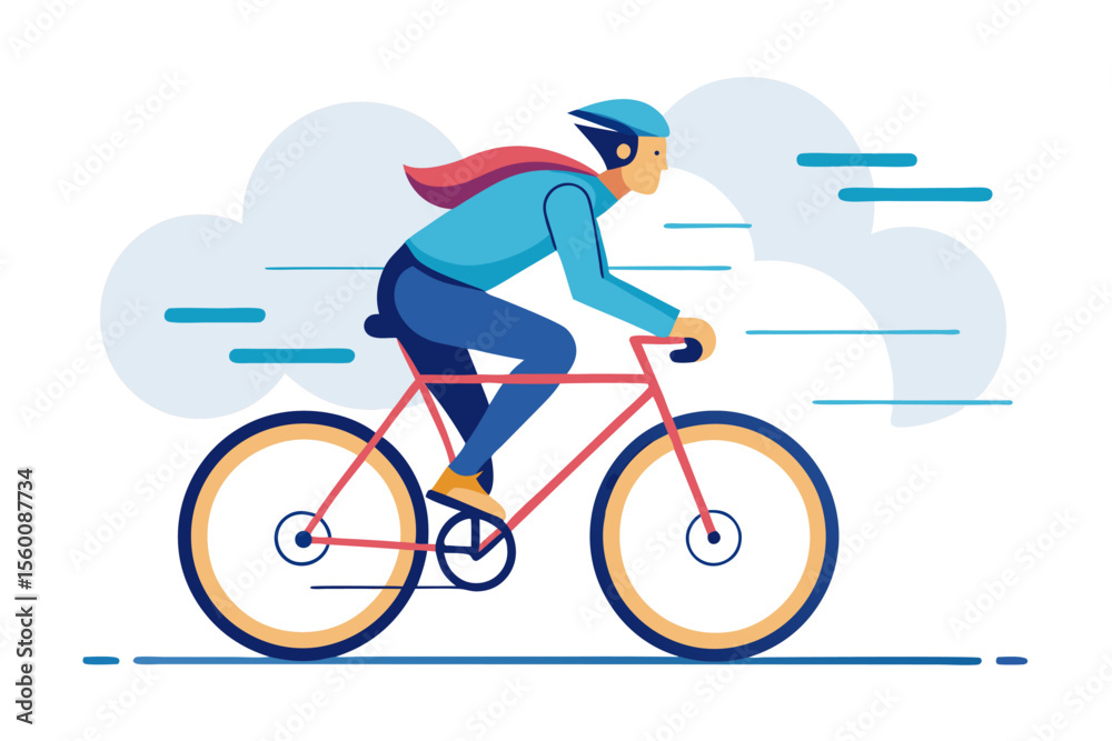 Fototapeta premium Colorful vector illustration of a young man cycling on a paved road surrounded by nature and blue sky.