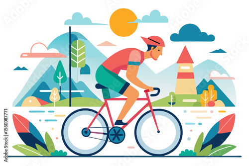 Colorful vector illustration of a young man cycling on a paved road surrounded by nature and blue sky.