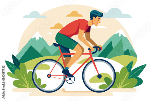 Colorful vector illustration of a young man cycling on a paved road surrounded by nature and blue sky.