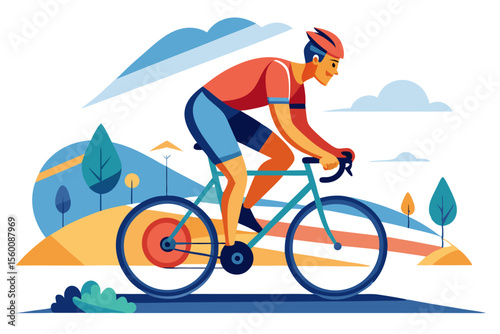 Colorful vector illustration of a young man cycling on a paved road surrounded by nature and blue sky.