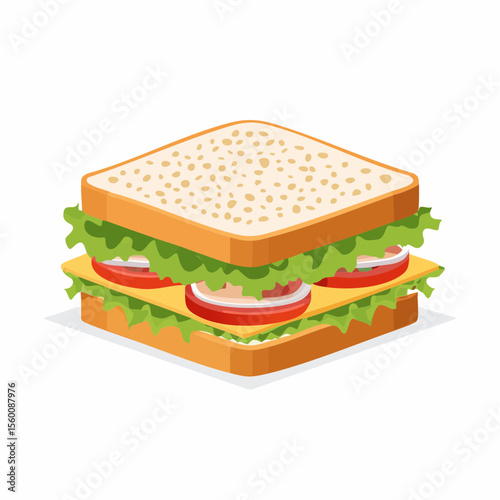 A layered sandwich with lettuce, tomato, cheese, and bread, isolated.