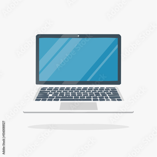 A flat illustration of an open laptop computer with a blue screen, ready for use.