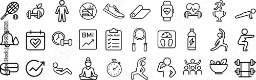 Fitness and Wellness Stroke Icon Set — Featuring Exercise, Nutrition, Heart Health, Mindfulness, and Daily Activity Symbols in Editable Outline Style.
