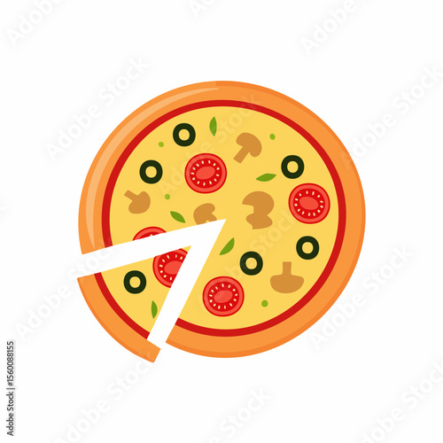 A slice of pizza with mushrooms, olives, and tomatoes, on a light background.