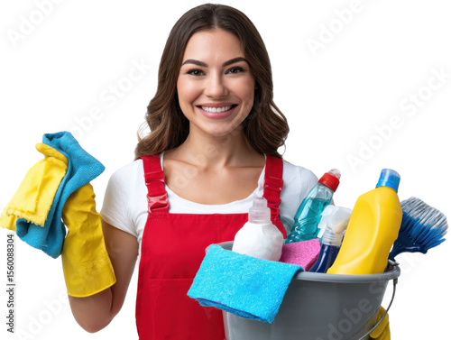Smiling Cleaner with Cleaning Supplies: A portrait of a cheerful female cleaner holding a bucket filled with various cleaning supplies. Showcasing a dedicated, professional.