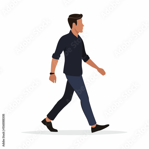 A man in a dark shirt and jeans strides purposefully forward.