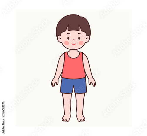 front view pose of a cute little boy in summer outfit – sleeveless shirt and shorts
