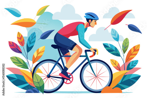 Colorful vector illustration of a young man cycling on a paved road surrounded by nature and blue sky.