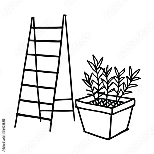 Corner view of terrace with planter and blooming plants Vector illustration