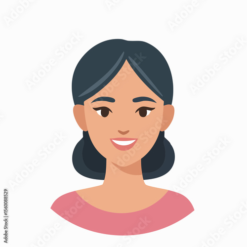 Smiling young woman with dark hair, simple pink top, avatar illustration.