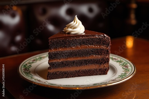 Delicious slice of chocolate cake with cream on elegant plate