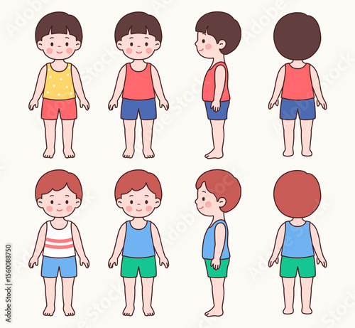 Pose Set of Two Boys in Summer Clothes – Front, Back, Side Views