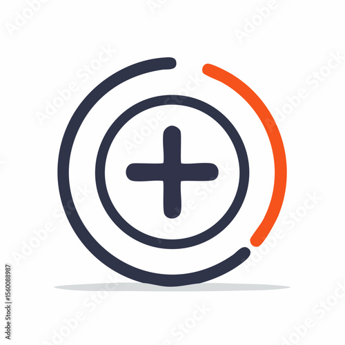 A stylized graphic depicting a plus sign within a circular design, with a partial orange arc.