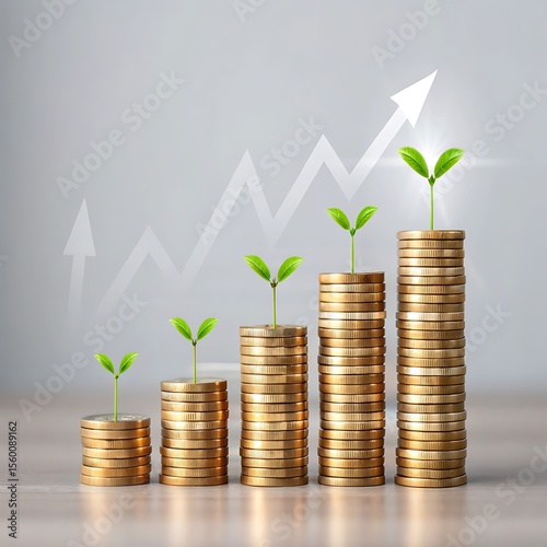 coins and graph Golden coins stacked high with green sprouts growing upward on a light gray background with a white arrow graph