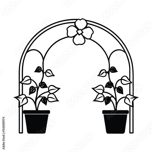Twin planter boxes with morning glory vines crossing path Vector illustration