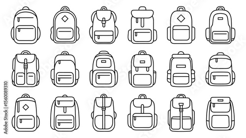 A Black and White Line Art Illustration of Backpacks Diverse Styles and Designs
