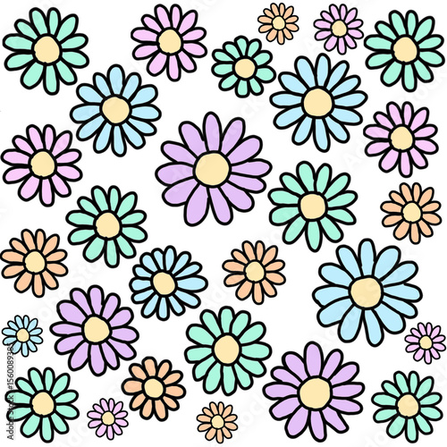Seamless floral pattern, Seamless pastel daisy pattern purple blue green mint pink orange abstract nature pattern
