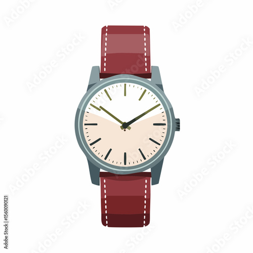 Illustration of a wristwatch with a white face, silver casing, and a red leather strap, isolated on a white background.