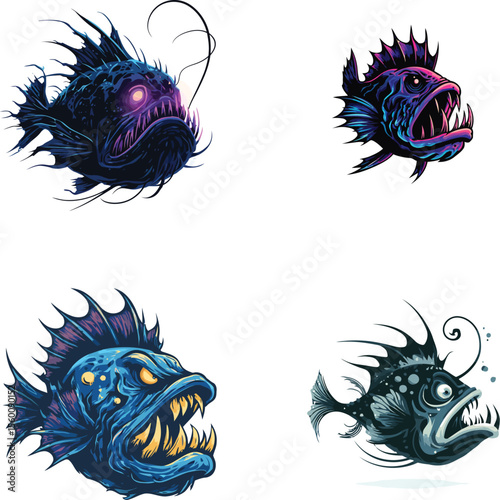 Anglerfish illustrations deep sea creatures collection