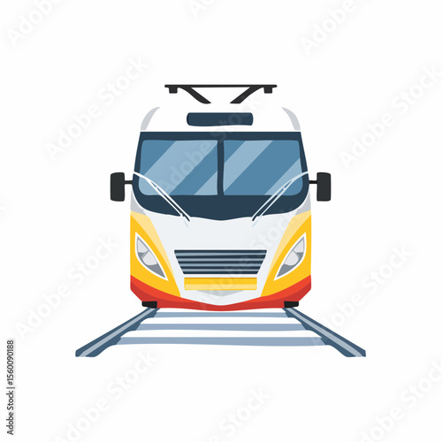Modern commuter train approaching on railway tracks.