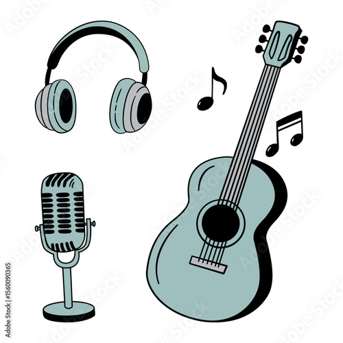 Guitar musical instruments and audio equipment in a clean, hand-drawn outline style with flat, muted blue-green colors, a pair of over-ear headphones, a vintage-style 