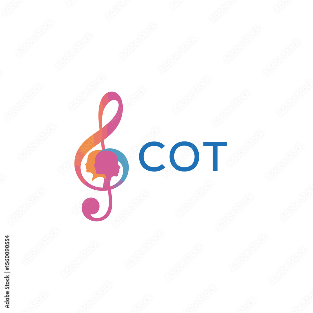 Fototapeta premium COT “Abstract music school logo with people and melody icon” COT Later Logo, “Modern music therapy logo with faces and note symbol” 