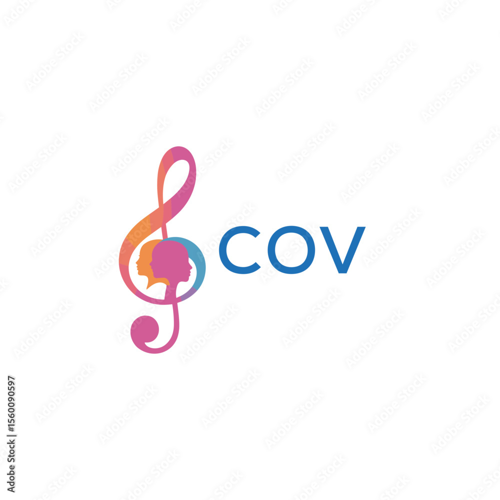 Fototapeta premium COV “Abstract music school logo with people and melody icon” COV Later Logo, “Modern music therapy logo with faces and note symbol” 